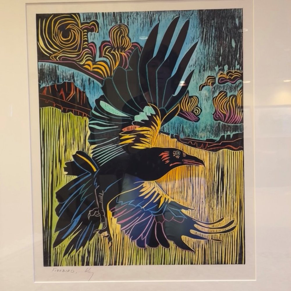 COPY - Raven Monoprint - Woodcut, hand colored "Firebird"